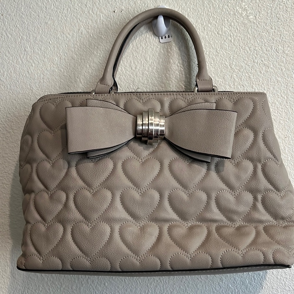 Betsey Johnson‎ Embroidered Heart Big Bow Beige Satchel Shoulder Purse Bag